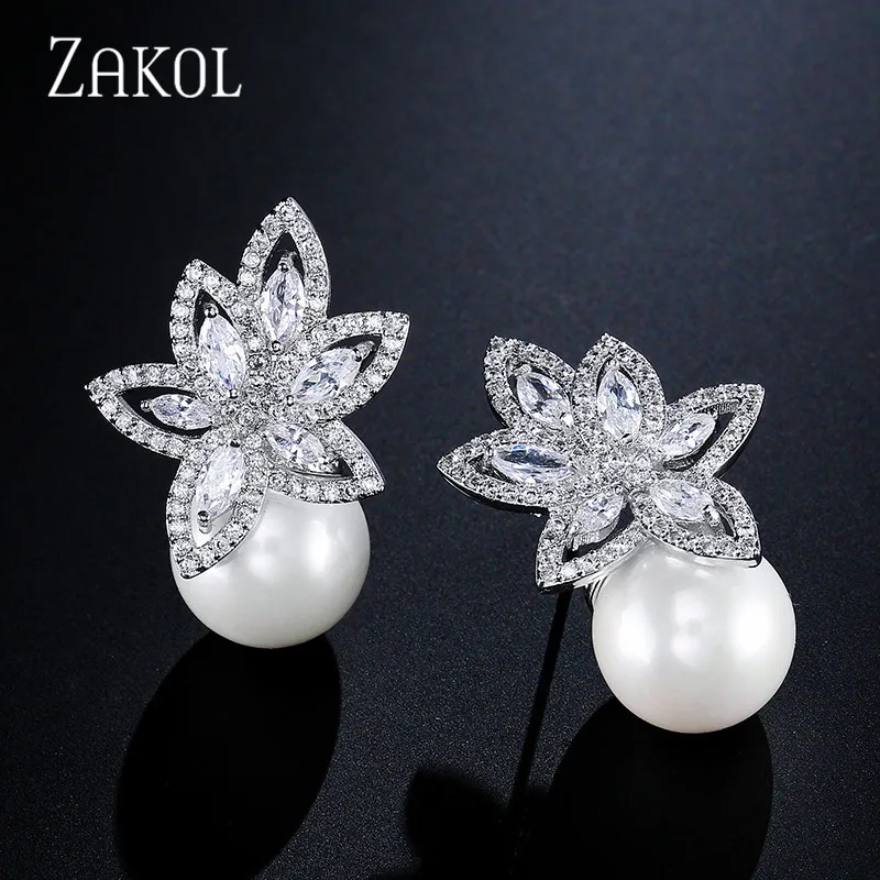 ZAKOL Simulated Pearl Stud Earrings Exquisite Cubic Zircon Earring for Elegant Women Bridal Wedding Jewelry EP185