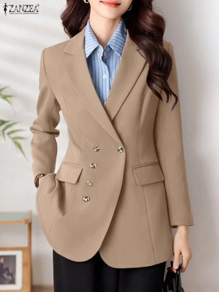 2025 Autumn Women Blazer Jackets ZANZEA Elegant OL Outwear Femme Lapel Neck Long Sleeve Coat Office Double Breasted Blazer Suits