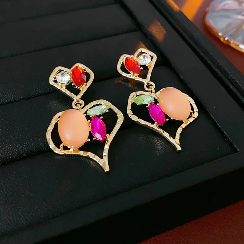 Heart Inlaid Rhinestone Earrings for Women Korean Girl Heart Drop High-grade Temperament Female Accessories Wedding Gifts