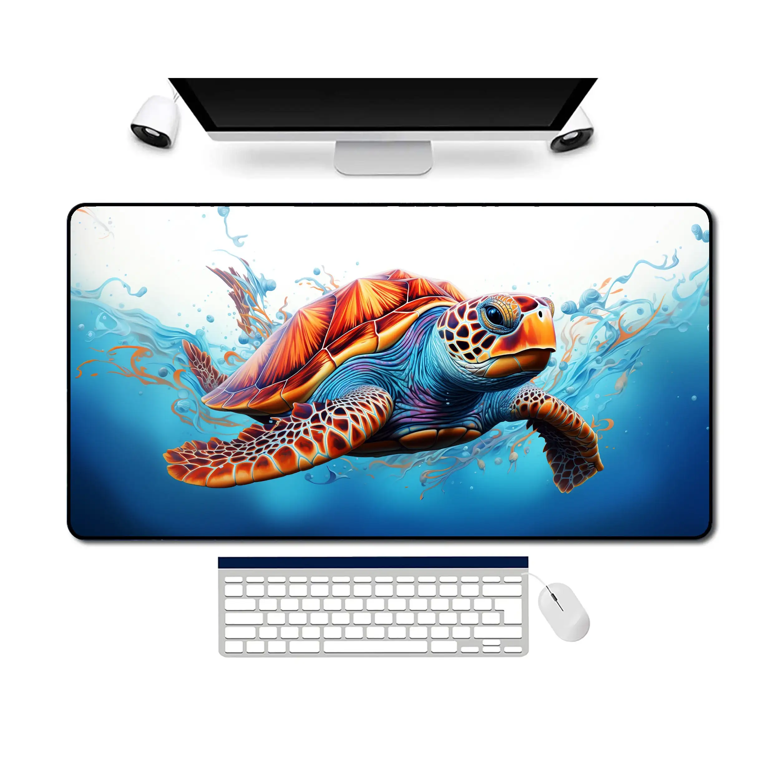 Ocean Wonders Desk Mat, Turtle Pattern Mouse Pad, Featuring Vibrant Blue and Orange Colors, A Perfect Gift for Ocean Lovers