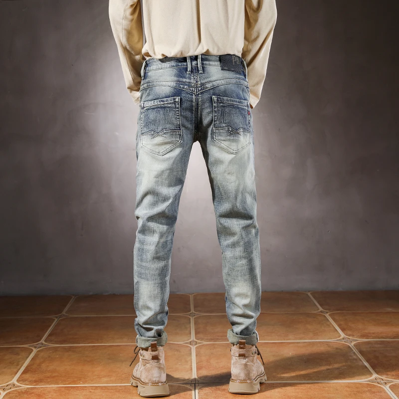 

JXN852 High quality jeans men's embroidery hole patches trend fashion type retro Slim elastic long trousers