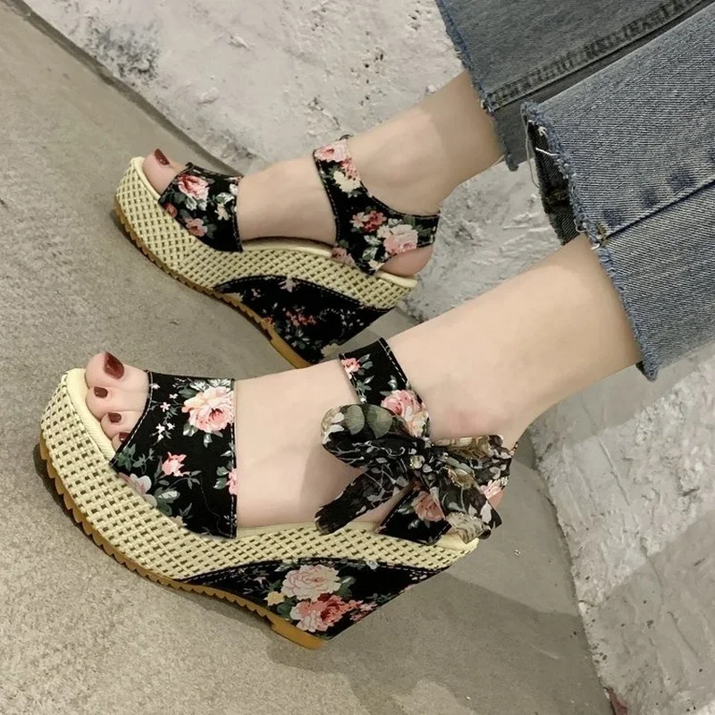 INS Hot Lace Leisure Women Wedges Heeled Women Shoes 2024 Summer Sandals Party Platform High Heels Shoes Woman