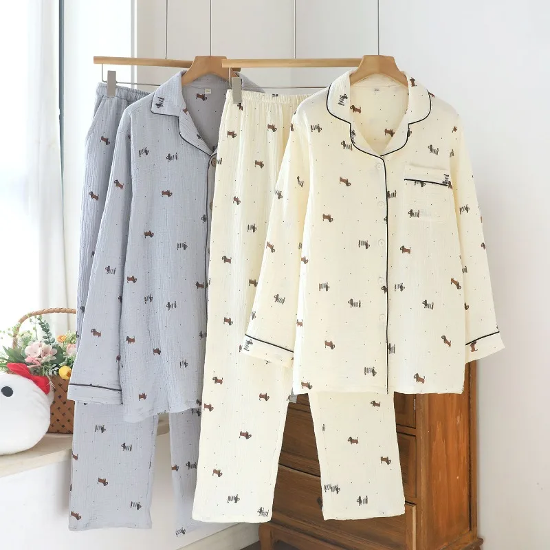 

2026 New Couple Spring and Autumn Pajama Set 100% Cotton Crepe Cloth Men's and Women's Long Sleeve Cartoon Home Two Piece Set