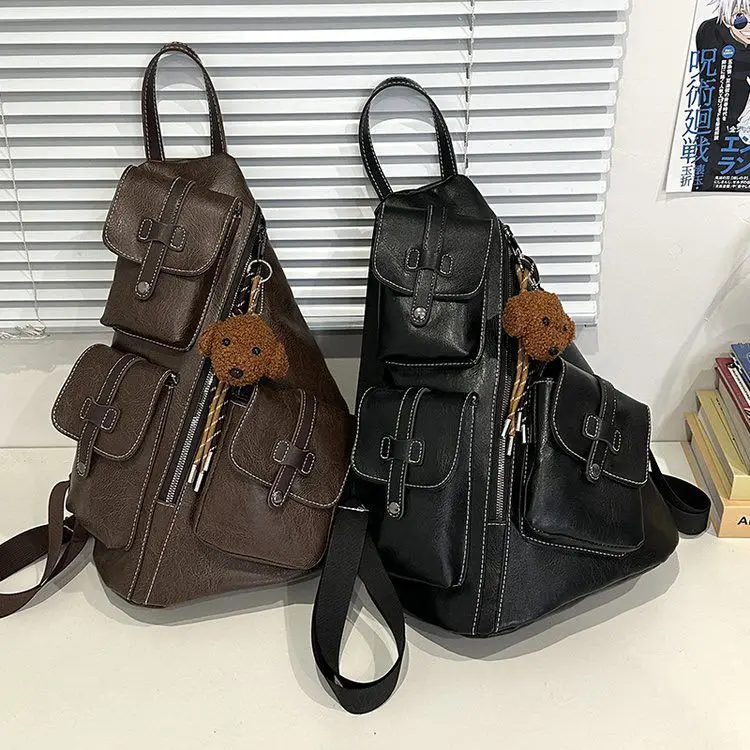 Multifunction Vintage PU Leather Backpack with Cartoon Charm Men Women Large Capacity Outdoor Motorcycle Sport Travel Bag