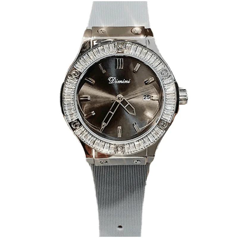 

Мужские и женские часы, инкрустированные бриллиантами, властный большой циферблат, силиконовый ремень, модель календаря, полые часы с тремя контактами