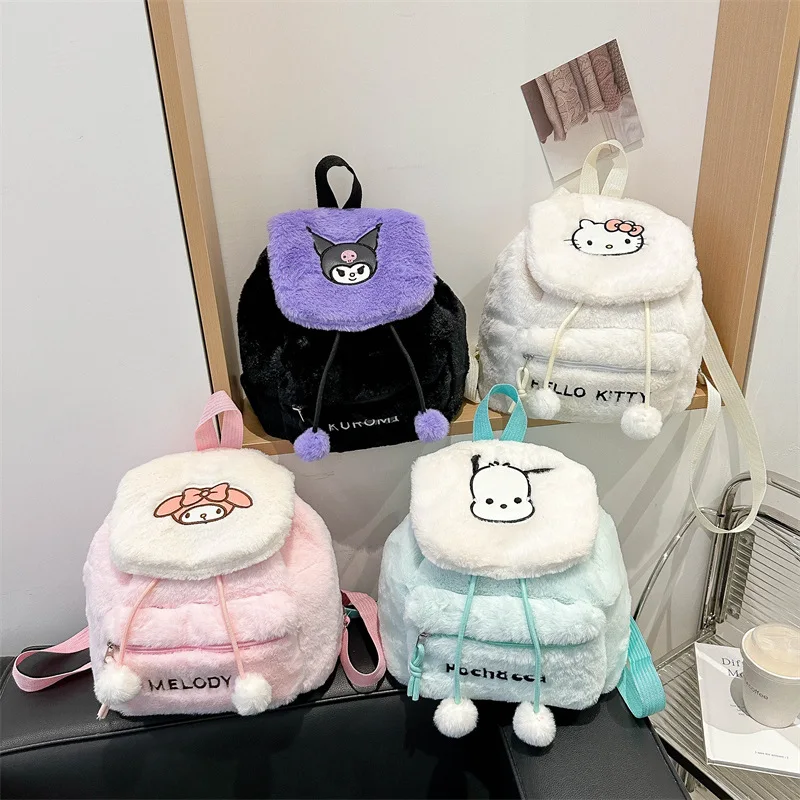 Cute Cartoon Kuromi Hello Kitty Plush Backpack Kawaii Melody Large Capacity Flip Style Student School Bag Girls Children Gifts