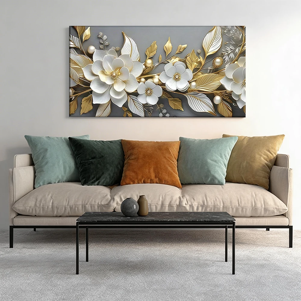 Impresión plana 2D, 1 pieza, hoja floral, perlas doradas y blancas, pintura en lienzo de gran tamaño, para decoración de pasillos y dormitorios
