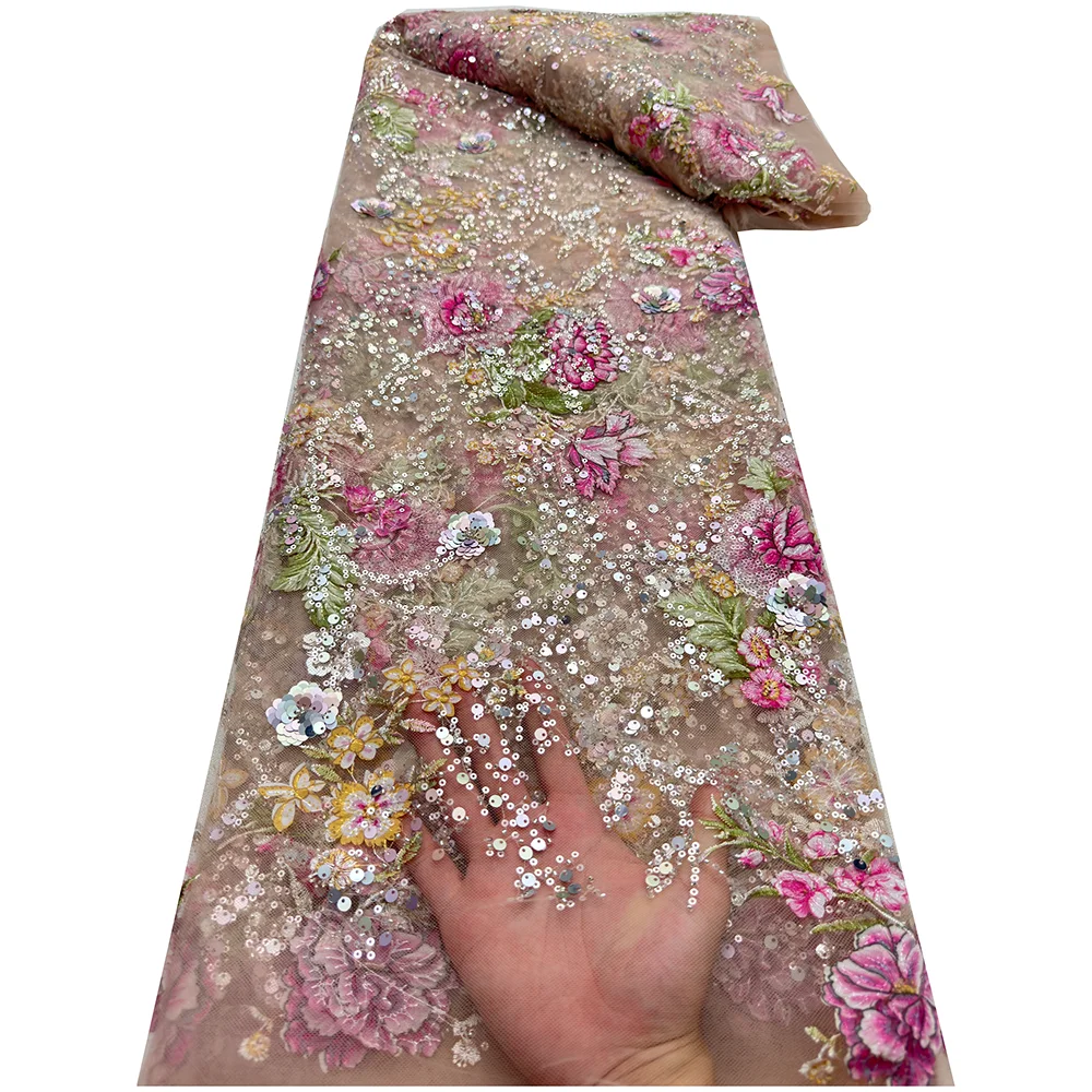 

French Net Lace Fabric 2025 High Quality African Lace Embroidered Nigerian Sequins Tulle Lace 5 Yards For Sewing Party Dresses
