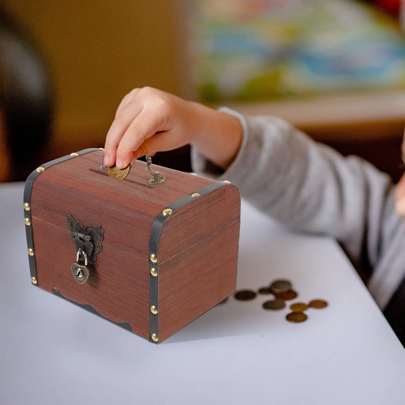 Salvadanaio con serratura a cuore retrò, scrigno del tesoro in legno, per bambini, per adulti, salvadanaio, contenitore per gioielli, astuccio per gioielli, articolo per la casa