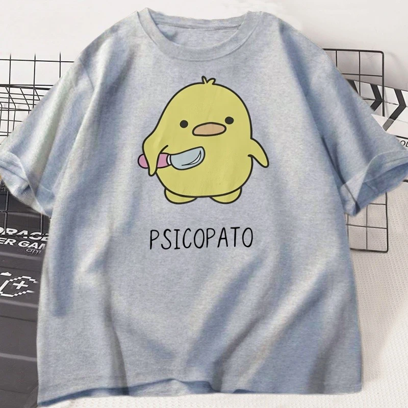 تي شيرت Psicopato للرجال والنساء على شكل بطة لطيفة مع سكين تي شيرت كاجوال بأكمام قصيرة من القطن مطبوع برقبة دائرية تي شيرت فضفاض ملابس الشارع