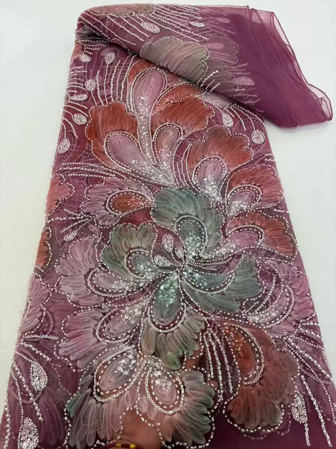 

Elegant French Mesh Beads Embroidery Sequins Lace Fabric African Nigerian Beaded Tulle Lace Fabrics For Wedding Dresses Women