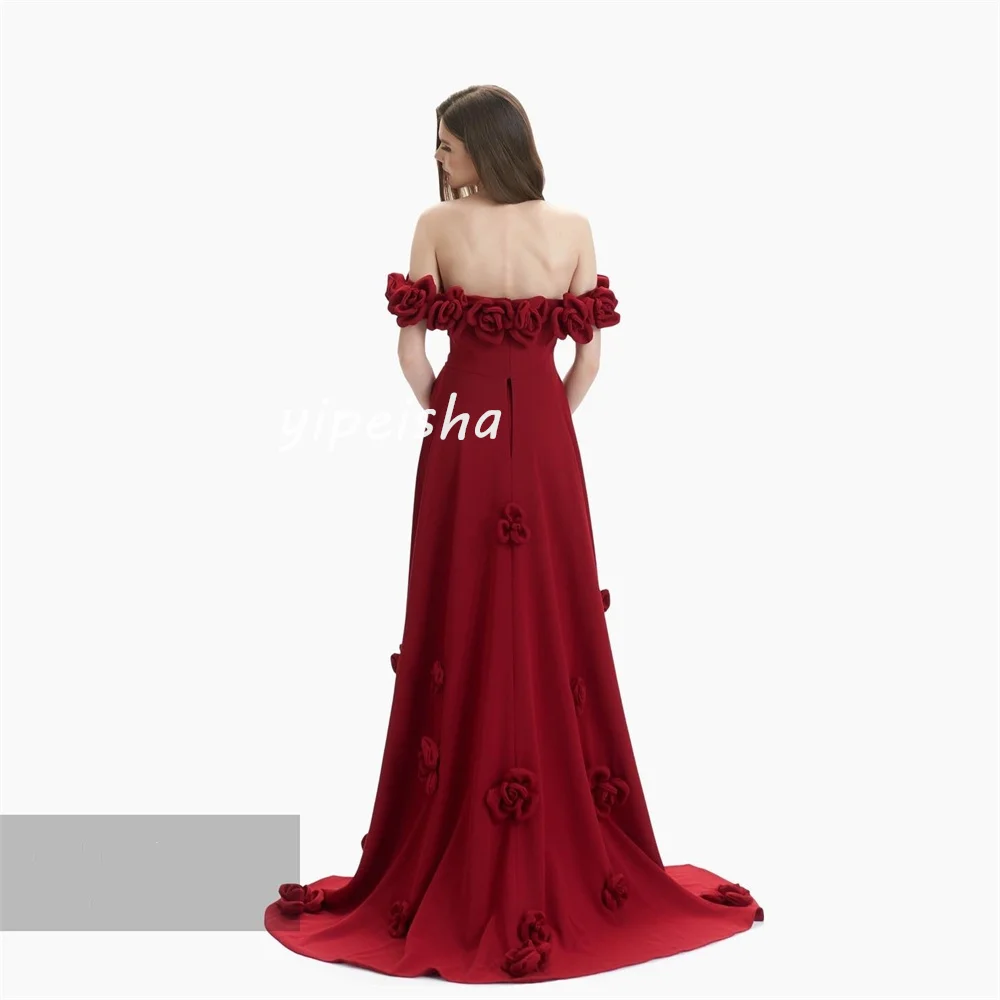 Customized Sparkle Jersey Flower A-line Off-the-shoulder Long Dresses Homecoming Dresses Classic Exquisite Modern Style   Chines