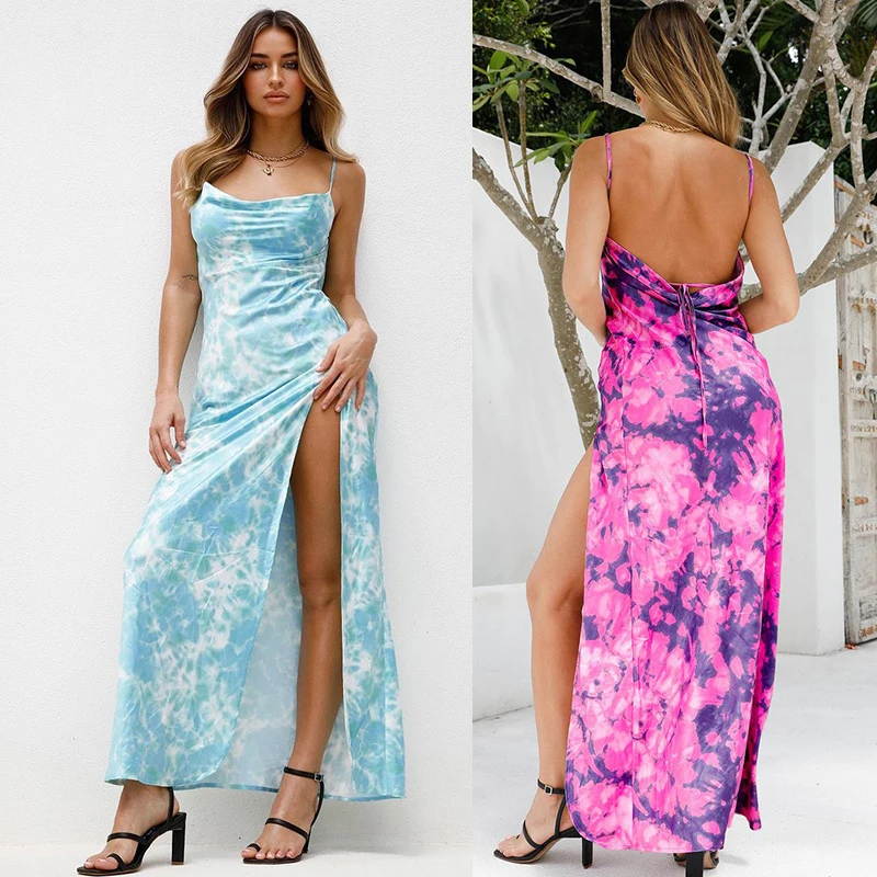 

2024 Summer Suspender Dress, Blue Tie Dye Printed Milk Silk Dress, Long Dress, Sexy High Slit Backless Dress