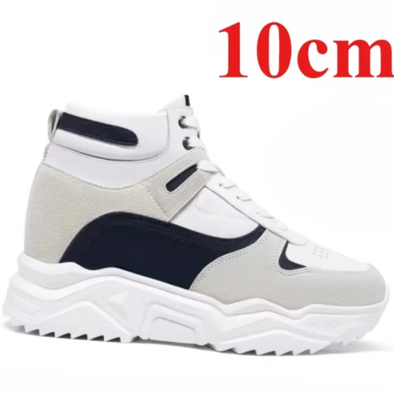 Men's Height-increasing Shoes Outdoor 10cm Elevator Shoes New Genuine Leather Breathable Casual Thick Soled White High-top Shoes