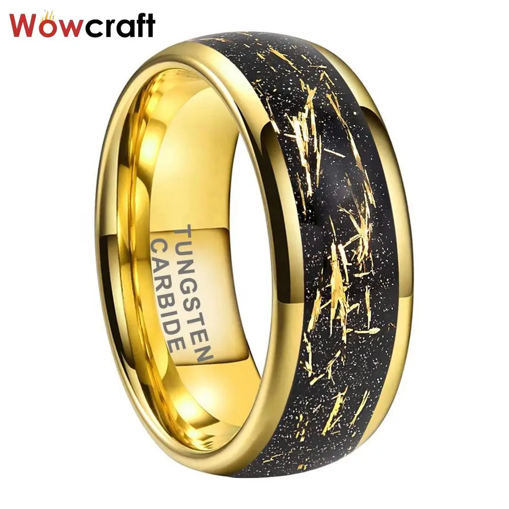 Black Sandblasted Stone Gold Foil Inlay Engagement Wedding Band Tungsten Ring for Men Women