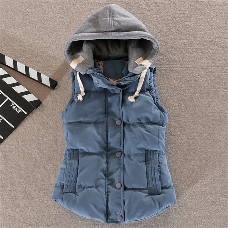 

Short Down Vest Jackets Thick Warm Autumn Winter Gray Hooded Cotton Padded Waistcoat Single Breasted Zipper Pockets Casual Tops