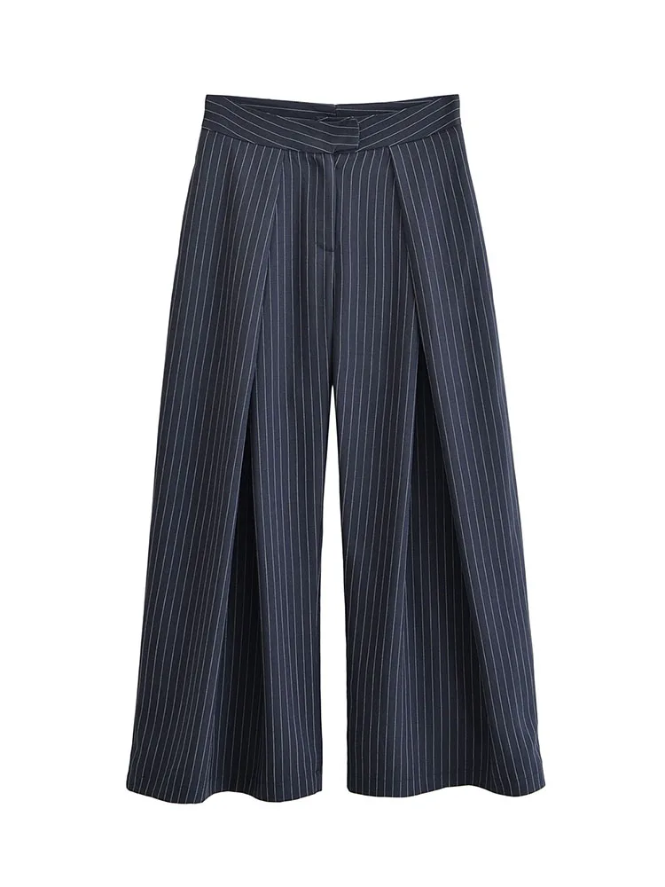 HH femme 2 couleurs élégant automne plissé décoration fermeture éclair jambe large pantalon femme loisirs ample rayures Style de rue pantalon