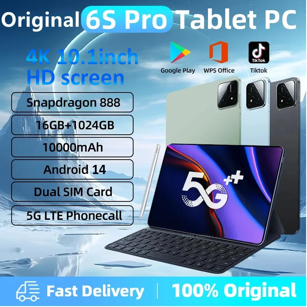 

2024 Original Global Version Pad 6S Pro Tablet 10.1inch HD 4K Android 14 16GB+1T 10000mAh 5G Dual SIM Phone Call WiFi GPS Tablet