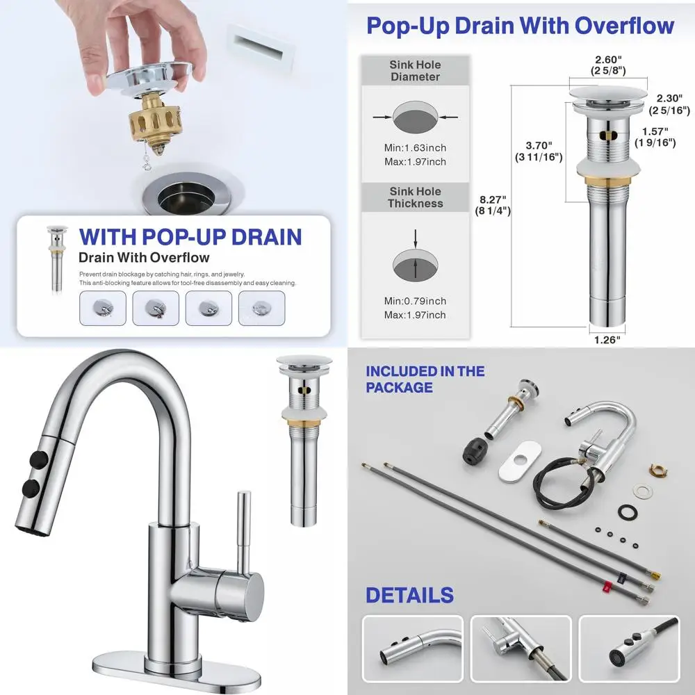 

Chrome Single-Handle Pull-Out Spray Faucet with Pop-Up Drain, 1 or 3 Hole Laundry Sink Mixer Tap, KBL-7002C-CL