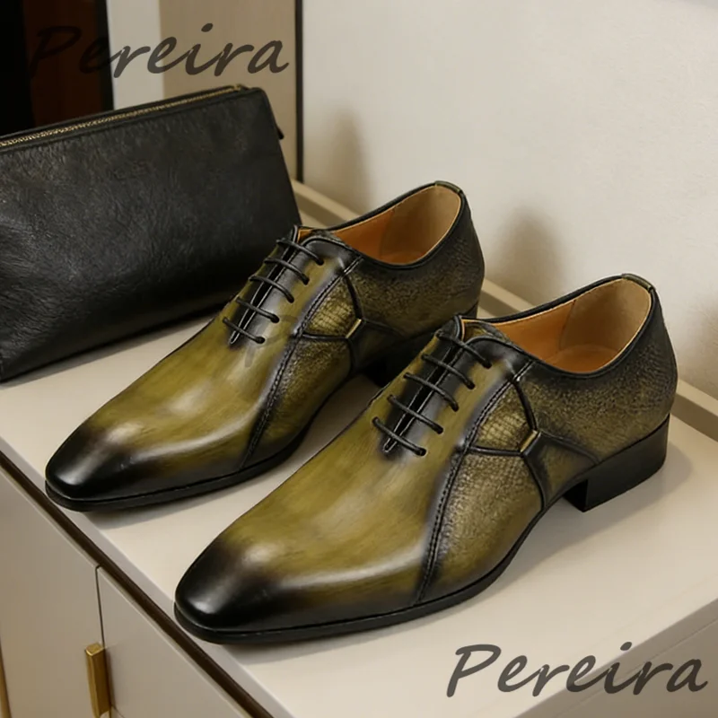 Retro Green Mixed Color Lace Up Oxford Shoes British Style Trendy Pointy Toe Party Banquet Men Business Casual Shoes Large Size