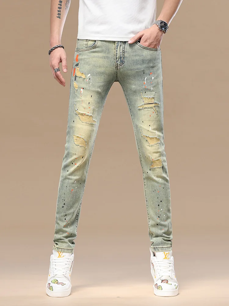 جينز ريترو عالي الجودة للرجال مقاس تسعة بوصات بقصة ضيقة وأقدام صغيرة حبر مرن 2025 ربيع/صيف سراويل عصرية مرنة جديدة