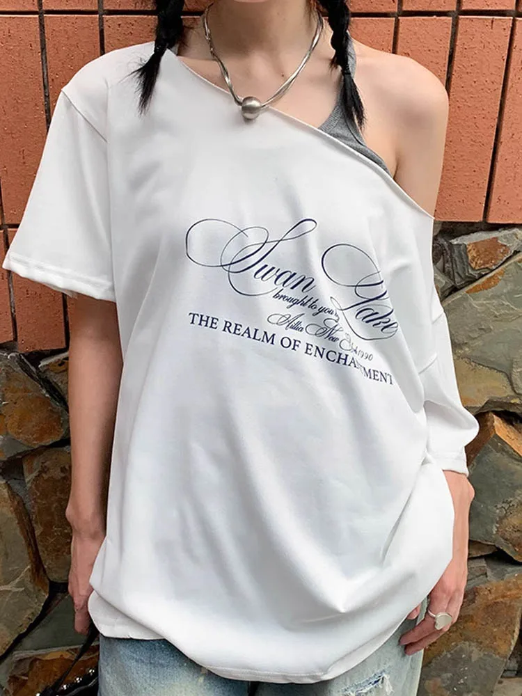 

New off shoulder design for women's summer, niche loose and pure desire style short sleeved T-shirt