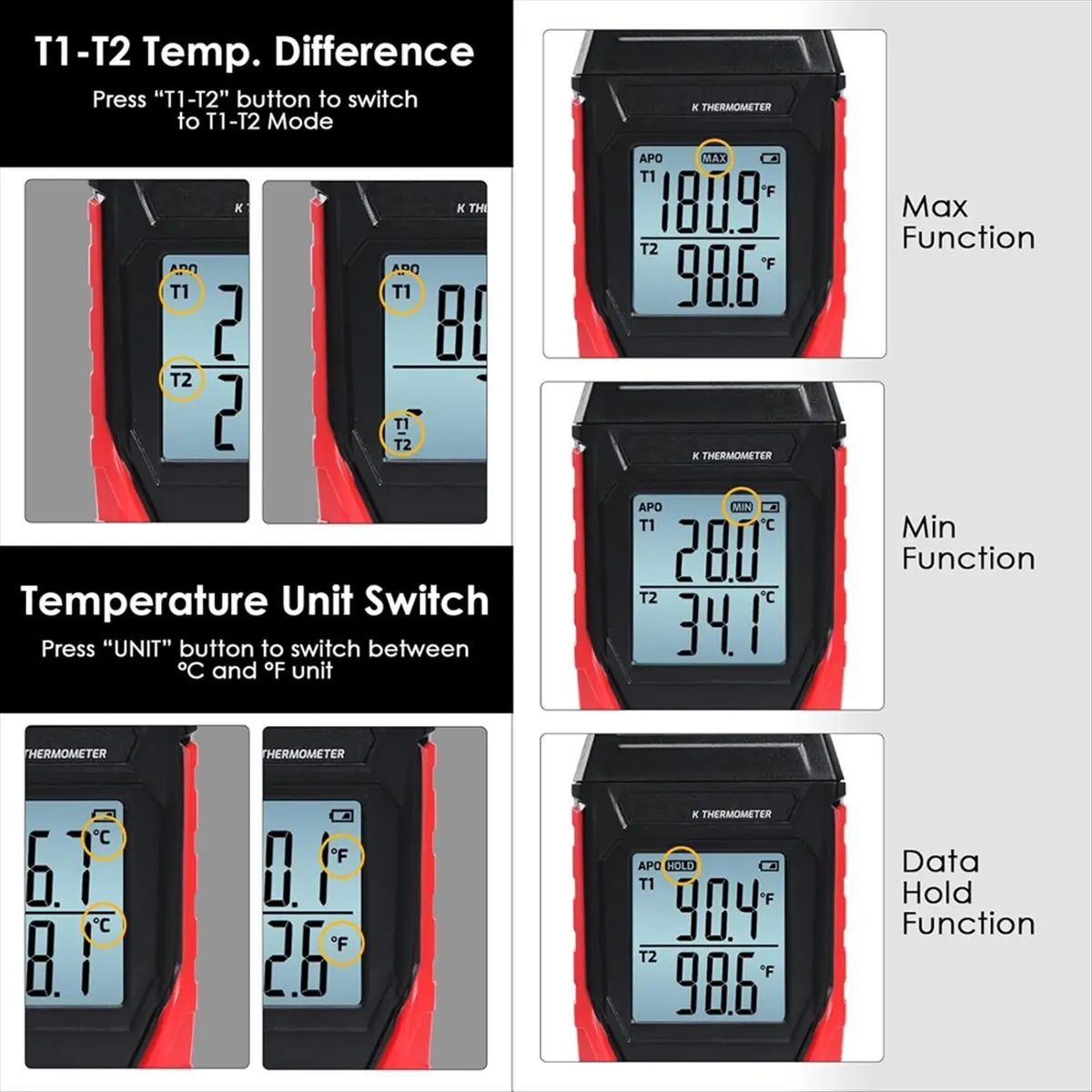 

Digital Thermocouple-Thermometer Dual Channel K Type Thermometer(-328-2501℉) LCD Display Temperature-Tester for K Type