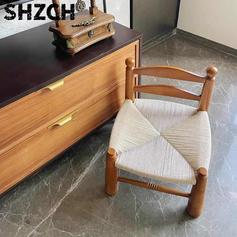 Nordic Designer Shoe Bench Vintage Rope Woven Low Stool Solid Wood Children's Backrest Chair Exquisite Living Room Chairs
