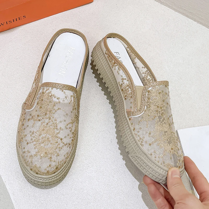 Baotou Half Slippers Women Shoes Summer Mesh Platform Breathable Shoes for Women Beach Shoes Hot Selling Slip-on Women Slippers