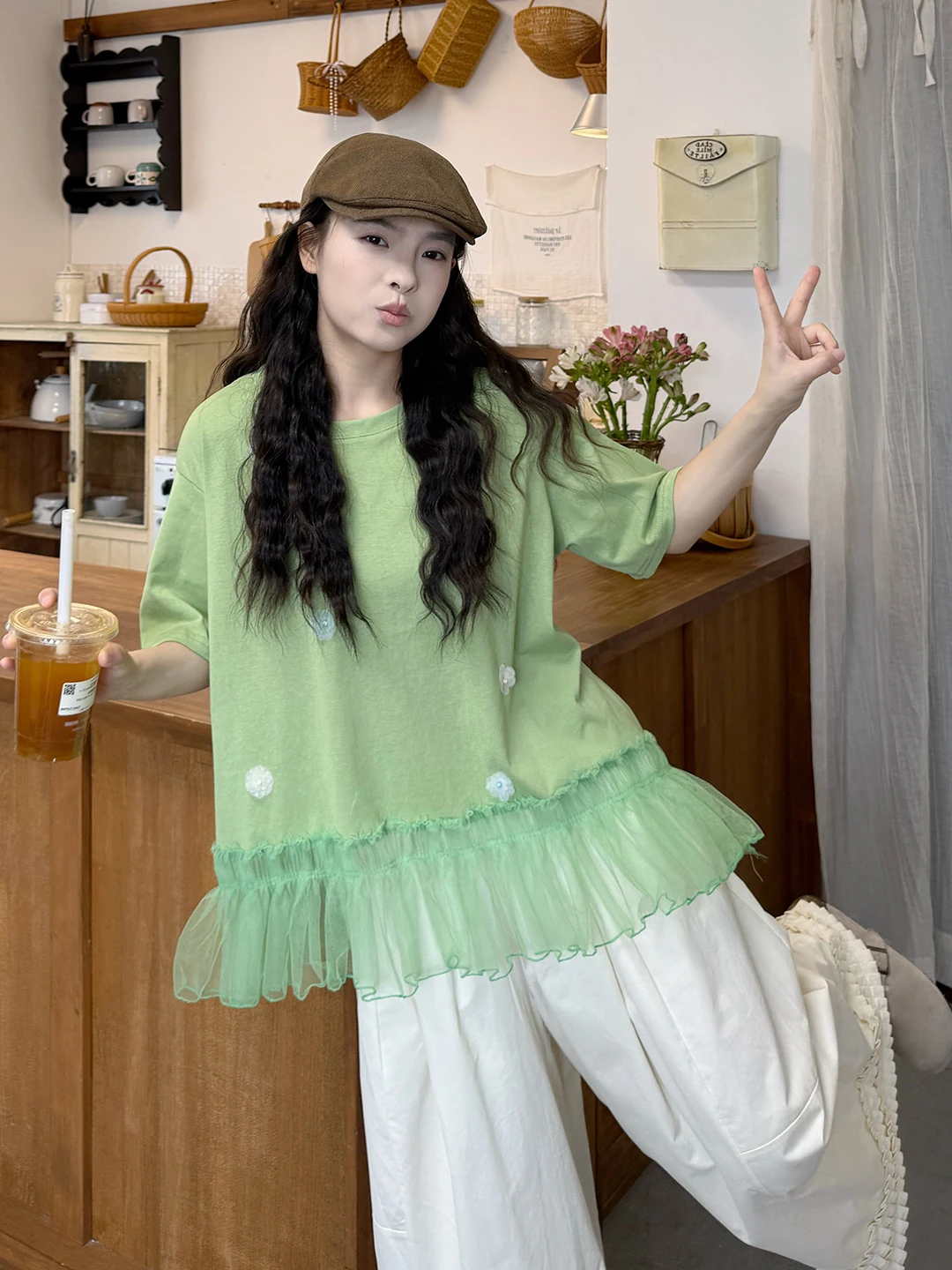 

plus Size Women's Summer Loose Fit Lace Patchwork Short Sleeve T-Shirt Pants Two-Piece Set Korean Style High Waist Casual Wear