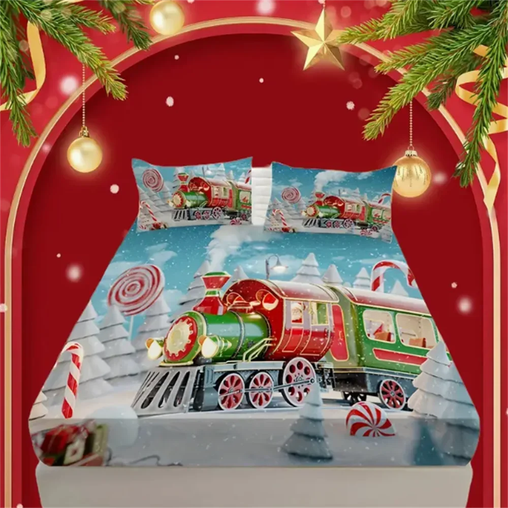 Christmas Train Snow Scene Bedding Set Soft Breathable Fitted Sheet and Pillowcases for All Seasons, Machine Washable sheets