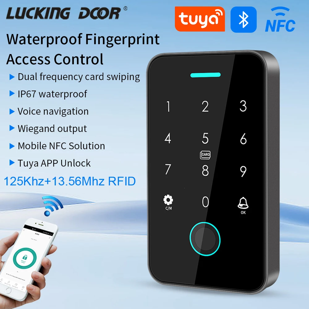 Sistema de puerta de Control de acceso IP67, RFID, 125K + 13,56 Mhz, NFC, Bluetooth, teclado de huellas dactilares, funciona con Wifi, puerta de