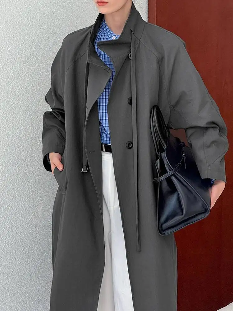TLXT élégant femmes à lacets conception Trench col montant simple boutonnage bureau dame tempérament Long coupe-vent 2025 hiver nouveau