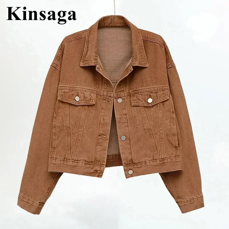 Women Street Harajuku Vintage Brown Short Denim Jackets Xl Spring Street Y2K Cropped Jeans Coats Outwear 90\'S Girls Jean Tops