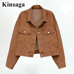 Chaquetas vaqueras cortas marrones Vintage Harajuku para mujer Xl Spring Street Y2K, abrigos vaqueros recortados, prendas de vestir, Tops vaqueros para niñas de los años 90