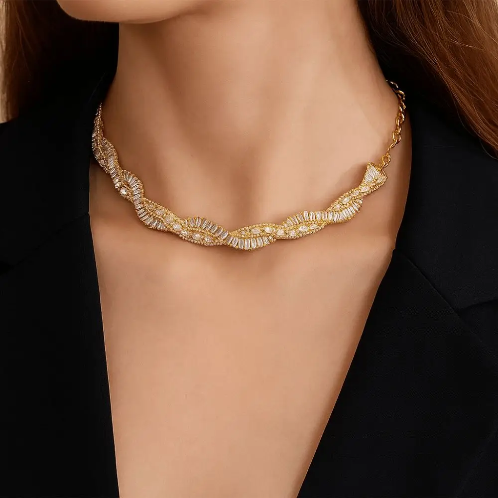 

Luxury Full Rhinestone Geometric Crystal Choker Necklaces Multi-Row Shiny Rhinestone Chunky Short Necklaces for Women Jewelry