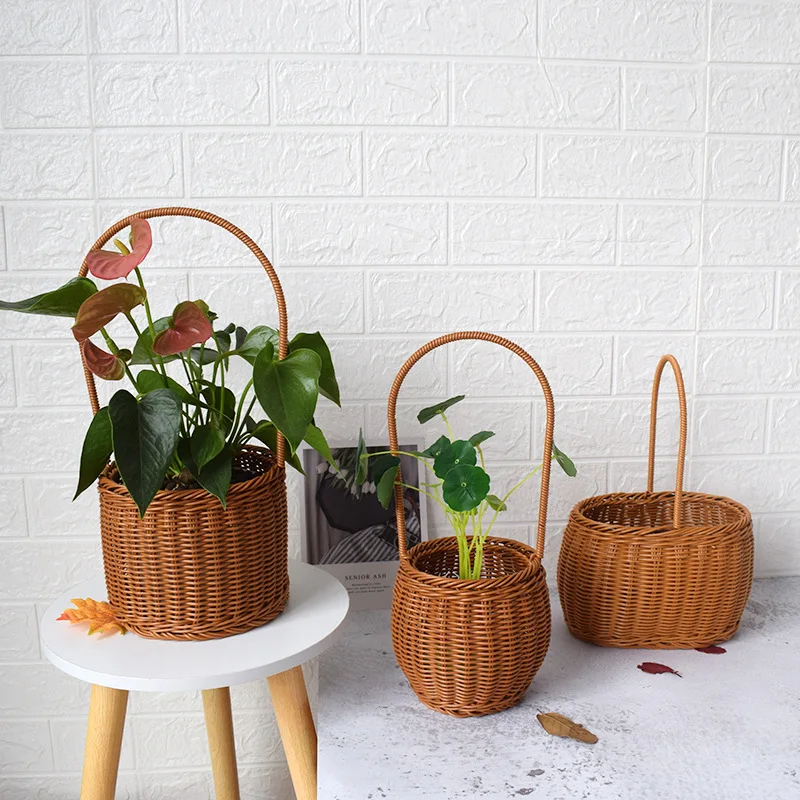 

Handwoven Portable Imitation Rattan Storage Basket Vegetable Flower Plant Snack Bread Picnic Picking Desktop Sundries Organizer