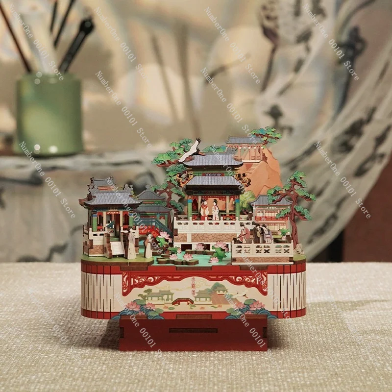 Grand View Garden 3D Wooden Music Box Puzzle Building Model Kit DIY Rotating Mechanical Handmade Desk Decor Creative Gift Women
