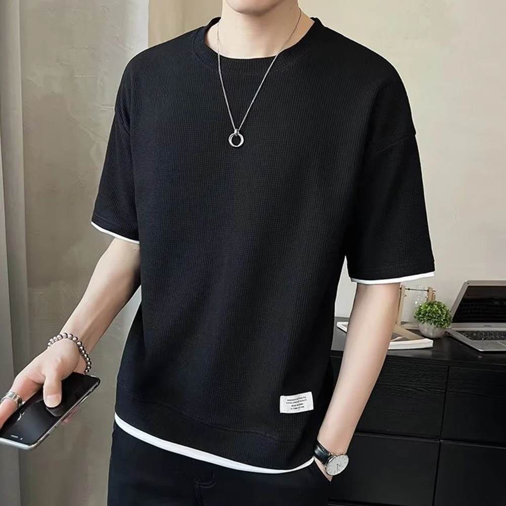 

4XL Mens Summer T-Shirts Fashionable Short Sleeve Shirt Fake 2PCS Shirts O Neck Design Polyester Fabric Regular Length Top