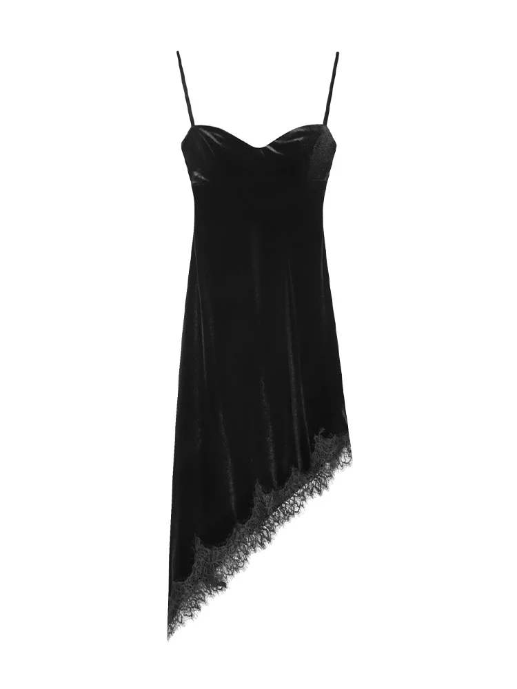

HH Spring Woman Sleeveless Suspender Dress Woman Street Style Asymmetry Lace Decoration Chic Backless Velvet Solid Midi Skirt