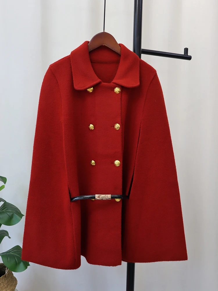 White Women Double Breasted Cape Woolen Blends Elegant Cloak Outwear Coats Vintage Overcoat 2023 Autumn Winter New X415
