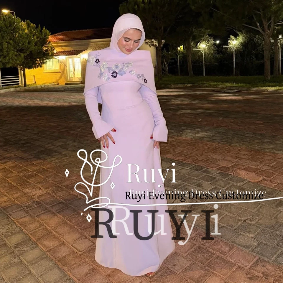 

Customized Long Sleeves Flowers Wrap Lavender Evening Dresses for Wedding Guest Muslim Elegant Formal Party Gown Plus Size