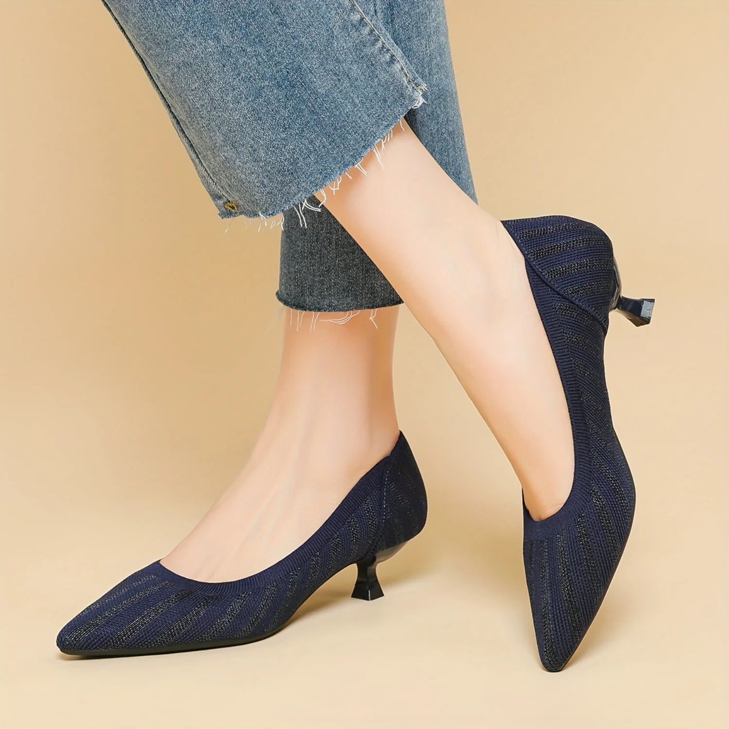 Women's Breathable Knit Kitten Heels, Elegant Point Toe Dress Pumps, Fashion Slip On Heels