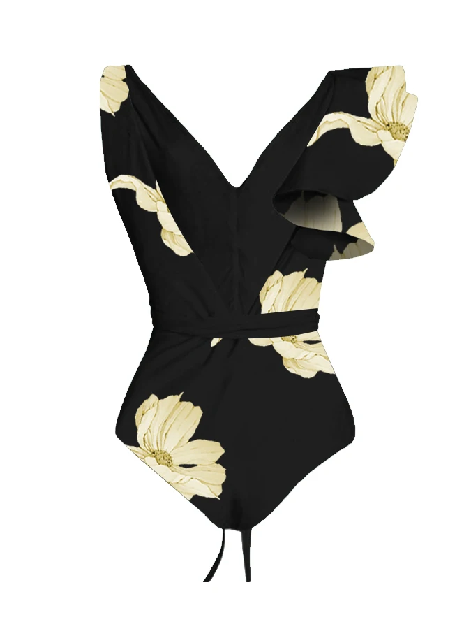 Vintage Court Gold With Black Swimsuit Bikini Ruffled Waist Strap Designed For One-shoulder Asymmetrical Ladies New 2023