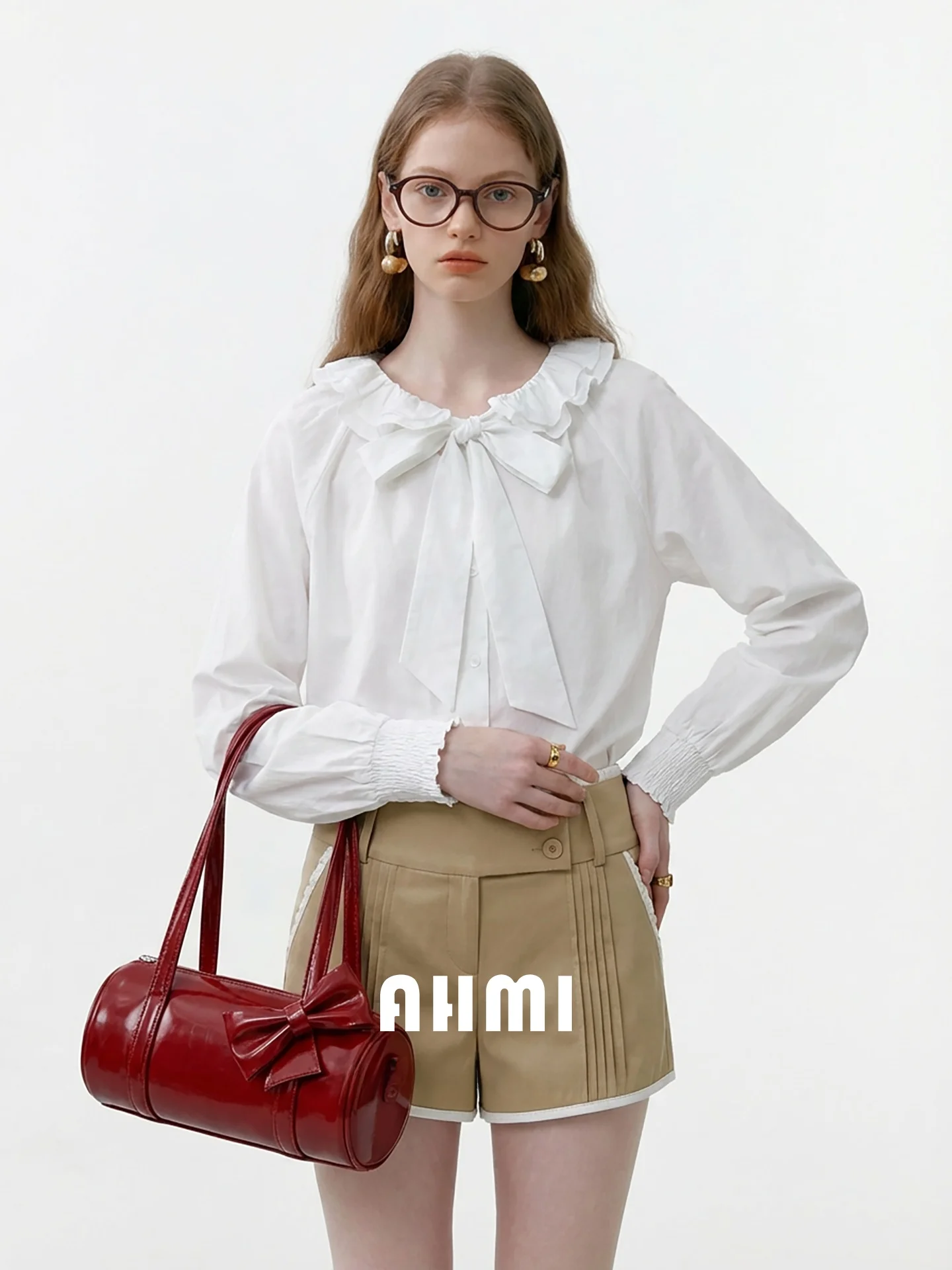 

AHMI Women's Faion irt Spring 2026 Slimming Design Lace Trim Unique Sle Cotton Long Sve Knot Casual Wear