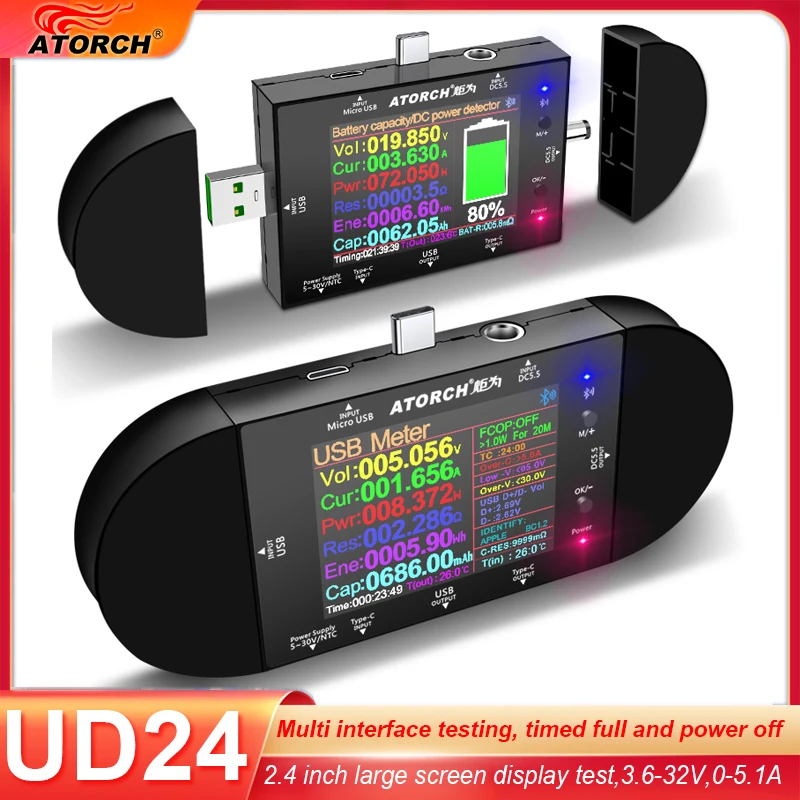 Testador Usb com Voltímetro Digital e Amperímetro para App Ud24 2.4 Dc5.5 Tipo-c Detector de Tensão Banco de Potência Volt qc pd Medidor Elétrico para App