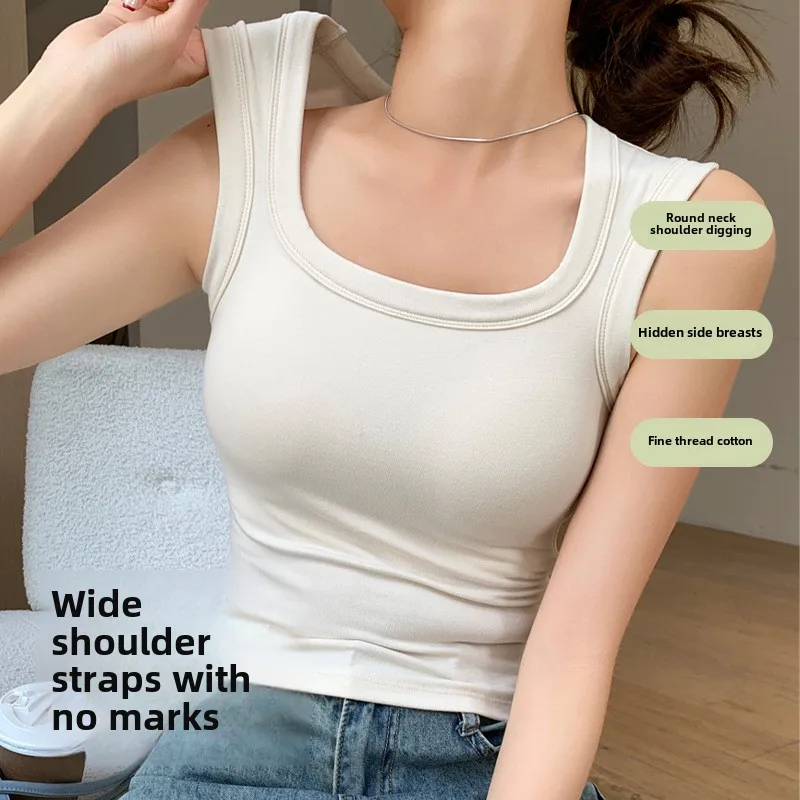 2026 New Wide Shoulder Strap Women's Vest with Chest Pad Summer All-match I-shaped Vest Slim Fit Base Top Fashion Outer Wear image 4