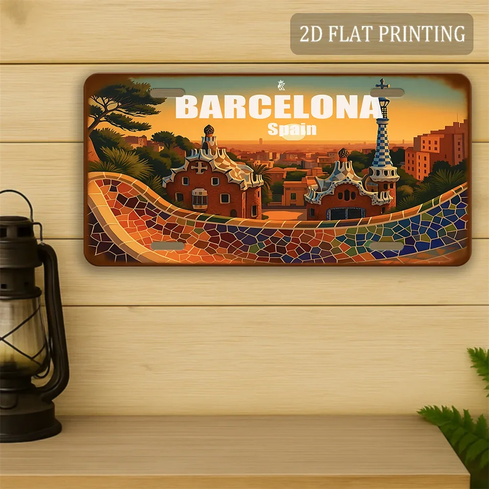 2D Flat - 1pc 2D Flat Gaudi Park Landscape Vintage Metal Sign | Barcelona Spain Aluminum Plate (30.48cm x15.24cm), Rust Edge