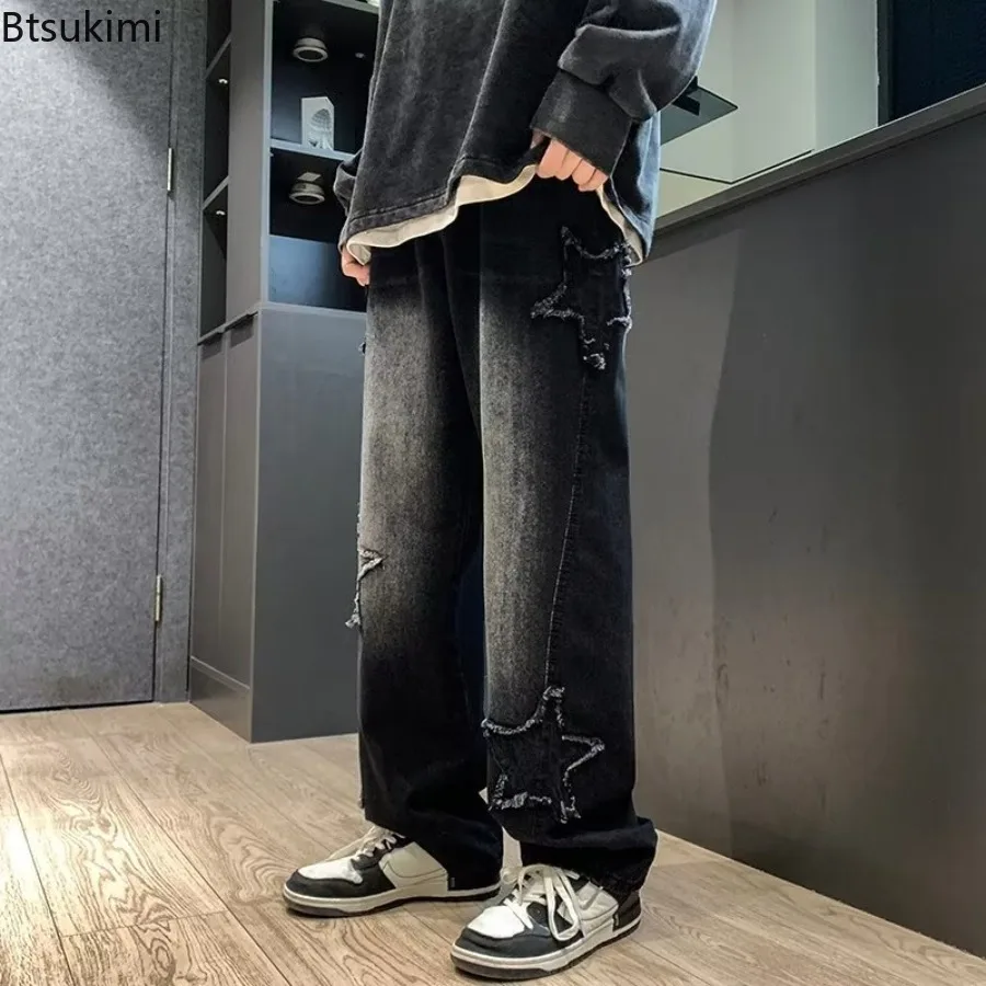 New Men's Hip Hop Jeans Fashion High Street Stars Pants Y2K Clothes American Style Vintage Loose Straight Wide Leg Trousers Male