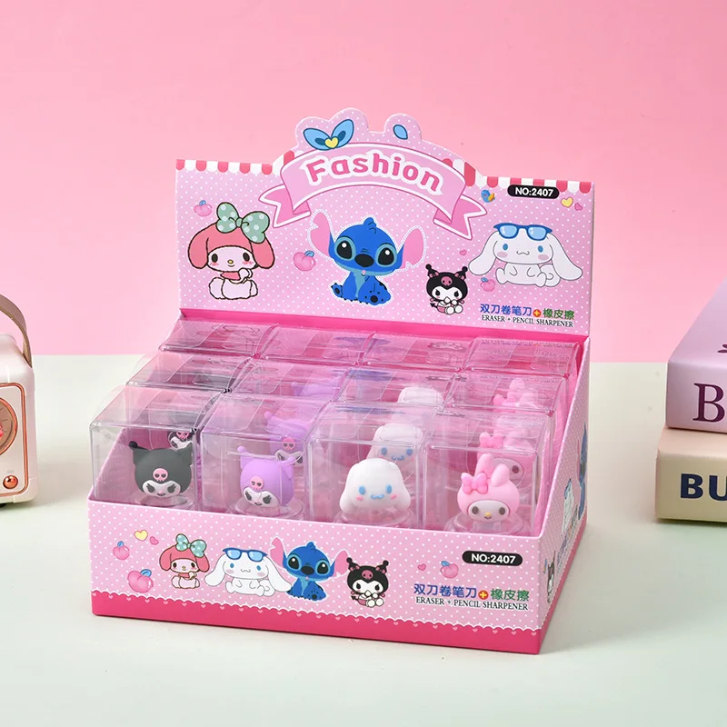 16pcs New Sanrio Hellokitty Kuromi Cartoon Anime Eraser Pencil Sharpener Creative Ornament Student Stationery Wholesale